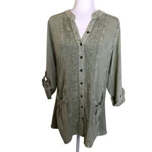 Signals Green Embroidered Lightweight Top Button Front Patch Pocket Long-sleeve
